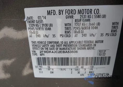 2014 Ford Edge Sel из США, поврежденный, VIN 2FMDK4JC2EBA53506